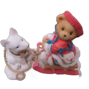 Cherished Teddies 1996 Enesco teddy bear puppy dog pulling sleigh winter vintage